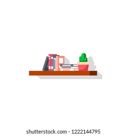 Flat style icon of bookshelve with books and cactus isolated on white background.