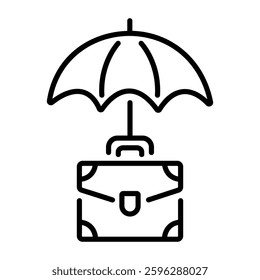A flat style icon of briefcase with an umbrella showing business insurance 