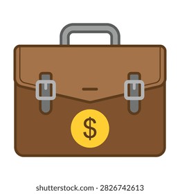 A flat style icon of a brown leather briefcase adorned with a yellow dollar coin. This professional symbol represents business finance, banking, and investment.