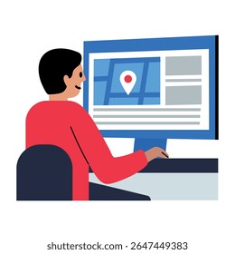 Um ícone de estilo plano de um caractere que faz o controle on-line do local de entrega