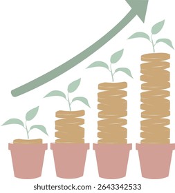 Flat style icon with coin stacks in pots topped with plants and upward arrow, ideal for growth and finance themes