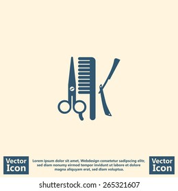 Flat style  icon with comb hair with scissors and razor symbol