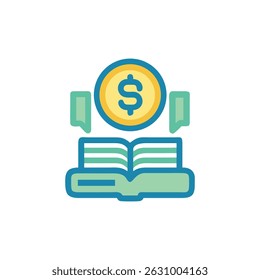 Flat style icon depicting a book topped with a dollar coin symbolizing financial education. It is colorful and simple.