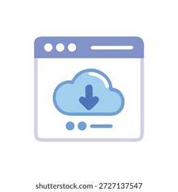 Icono de estilo plano que representa una nube con una flecha hacia abajo dentro de una interfaz de ventana de Sitio web. La paleta de colores es azul, blanco y lila.