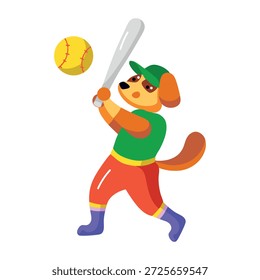 A flat style icon depicting a dog playing baseball 
