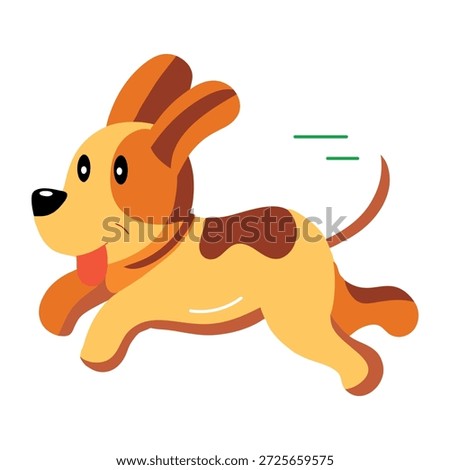 A flat style icon depicting a dog chasing ball  
