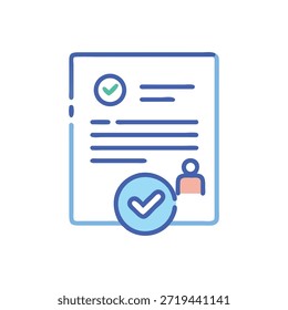Un icono de estilo plano representa un formulario de solicitud aprobado. Cuenta con un círculo de verificación y la confirmación del perfil. Diseño minimalista y líneas limpias.