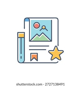 Icono de estilo plano de un documento, lápiz y estrella que simboliza el logro, la creatividad y la calidad en un diseño moderno.