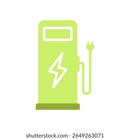 Flat style icon of an electric car charging station in lime green, suitable for eco travel, renewable energy, and green technology branding.
