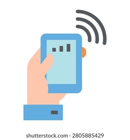 A flat style icon featuring a human hand holding a mobile phone with active wireless connectivity signal bars. Ideal for digital communication and network concepts.