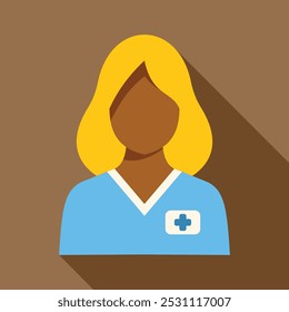 Flat style icon of a female healthcare professional wearing blue scrubs with a long shadow