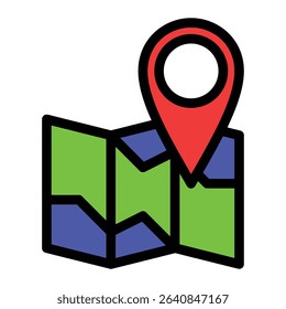 Flat style icon a folded map with a location pin marker ideal for use in GPS, navigation, travel, tourism, or location-based app interfaces. Simple, bold, and easy to recognize.