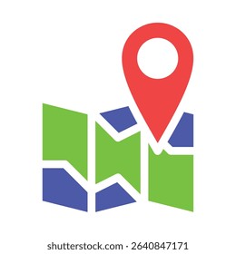 Flat style icon a folded map with a location pin marker ideal for use in GPS, navigation, travel, tourism, or location-based app interfaces. Simple, bold, and easy to recognize.