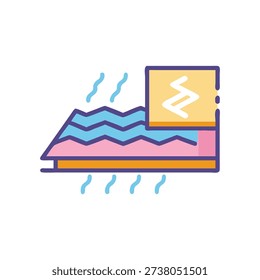 A flat style icon illustrates layered construction materials showing temperature control and ventilation concepts with light color palette.