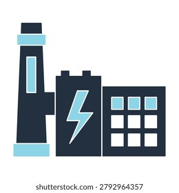 A flat style icon of an industrial power plant featuring a chimney and a lightning bolt symbol. Perfect for energy sector concepts, utility web design, and grid.