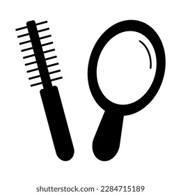 Flaches Symbol einzeln auf Weiß, Schönheitssalon, Haarbürste und Spiegel sind gekachelt