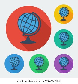 Flat style icon with long shadow, six colors, globe sphere vector illustration.
