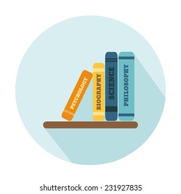 Flat Style Icon with Long Shadow. A shelf with books. Concept for education, training courses, self-development and how-to articles