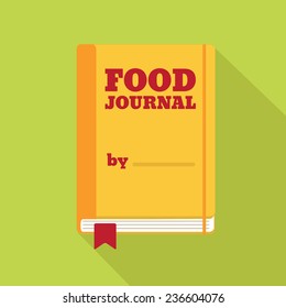 Flat Style Icon With Long Shadow. A Food Journal. Concept For Healthy Lifestyle Education, Training Courses, Self-development And How-to Articles