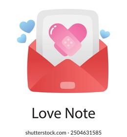 Icono de estilo plano de nota de amor con corazón 