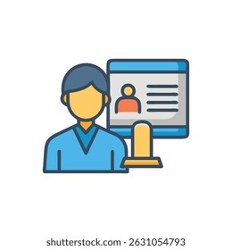 A flat style icon of a man next to a screen showcasing profile details. It offers a clean, informative visual.