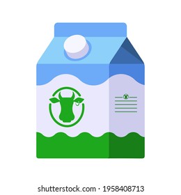 Flat Style Icon of Milk in Small Carton Package Isolated on White Background. Colourful Vector milk icon. Flat style template of milk package in white, blue and green colours