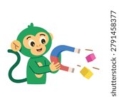 Flat style Icon of Monkey is using a magnet with papers.