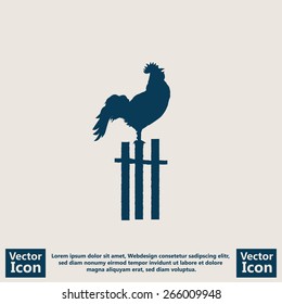 Flat Style Icon With Morning Rooster On A Fence Symbol