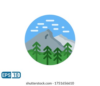 flat style icon of mountain and trees isolated on white background. Editable color. EPS 10