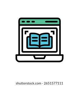 Flat style icon of an open book on a web browser interface in aqua and turquoise against a black backdrop.