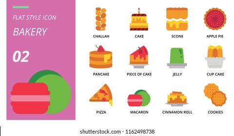 Flat style icon pack for bakery, Callahan, cake, scone, apple pie, pancake, piece of cake, jelly, cup cake, pizza, macaron, cinnamon roll,cookies.