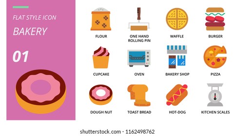 Flat style icon pack for bakey, balance, milk, chef hat, peeler, oven, syrup, fork, measuring spoons, spatula, measuring cup, mixer, ice cream toast.