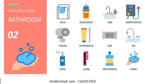 Flat style icon pack for bathroom, rack, deodorant, sink,water heater, tissues, toothbrush, mat, tap, spray, comb, mouthwash, foam