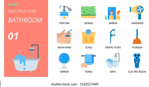 Flat style icon pack for bathroom, perfume, sponge, mirror, hairdryer, wash hand, scale, dental floss, plunger, mirror, towel, bath, electric razor.