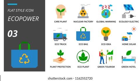 Flat style icon pack for ecopower, care plant, nuclear factory, global warming, ecology electric, eco truck, eco bag, eco idea, home solar, plant protection, eco plant, green tourism, green hotel