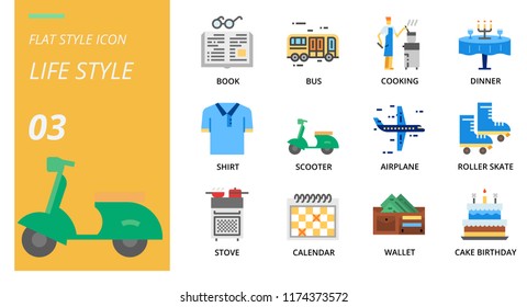 Flat style icon pack for lifestyle, book, bus, cooking, dinner, shirt, scooter, airplane, roller skate, stove, calendar, wallet, cake birthday