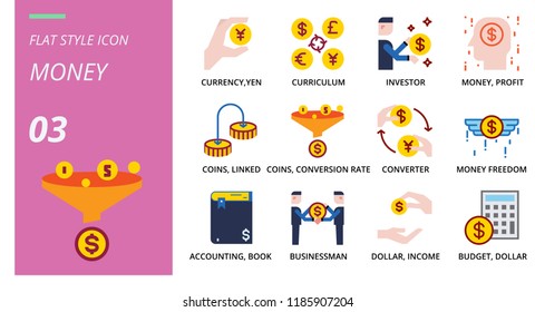 Flat style icon pack for money, currency, yen, curriculum, investor, money, profit, coin, link, coins, conversion, rate, converter, money freedom, accounting, book, businessman, dollar, income, budget