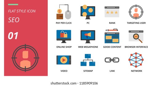 Flat style icon pack for seo, pay per click, pc, rank, targeting user, online shop, web megaphone, good content, browser interface, video, sitemap, link, network