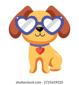 Un icono de estilo plano que representa a un perro con gafas de corazón  