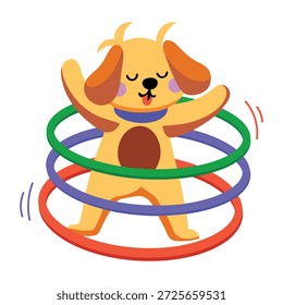 Um ícone de estilo plano representando um cachorro brincando com hula hoops  
