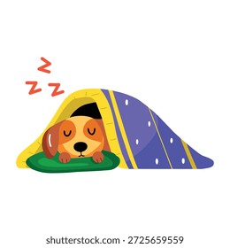 Um ícone de estilo plano representando um cachorro usando um cobertor acolhedor  
