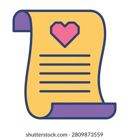 A flat style icon of a romantic love letter on a scroll with a heart symbol. Perfect for valentines day projects, relationship apps, romantic messages, and cards.