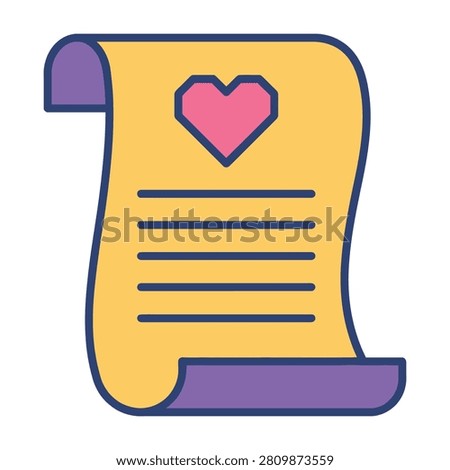A flat style icon of a romantic love letter on a scroll with a heart symbol. Perfect for valentines day projects, relationship apps, romantic messages, and cards.