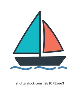 A flat style icon of a sailboat with blue and red sails floating on wavy water isolated on a white background