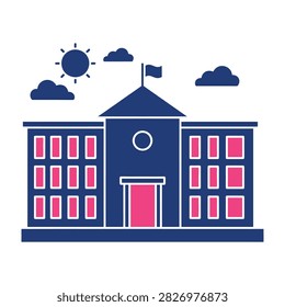 A flat style icon of a school building with a flag, sun, and clouds in the sky. Perfect for educational websites, e-learning platforms, or academic brochures.