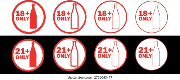 Conjunto de iconos de estilo plano, signo de restricción de edad de alcohol, símbolo de botella de cerveza, 18 + solo, 21 + solo texto. Círculo rojo de la advertencia, iconos minimalistas del alcohol, colección gráfica del Vector