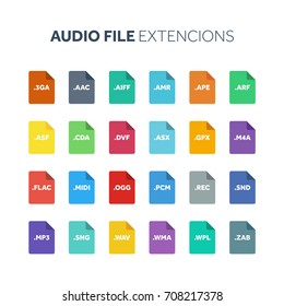 Flat style icon set. Audio, song, voice recording file type, extencion. Document format. Pictogram. Web and multimedia. Computer technology.