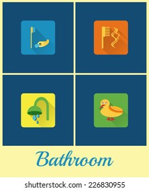 Flat style icon set. Bathroom. Shower, duck, toothbrush, hairbrush. Vector illustration.