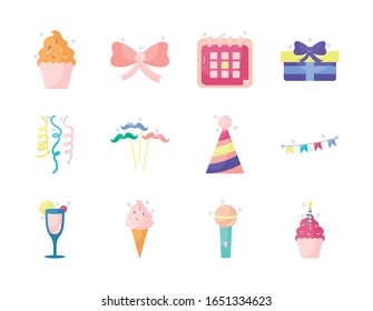 flat style icon set design, Party celebration event happy birthday holiday surprise anniversary and decorative theme Vector illustration
