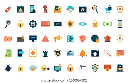flat style icon set design of Security system warning protection danger web alert and safe theme Vector illustration